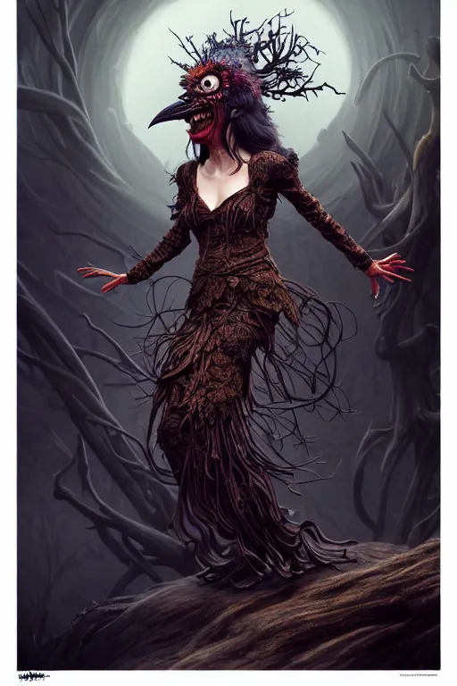 Image similar to full body shot, malevolent witch facing front laughing maniacally, smoke hair, crow helmet, floral dress, dead forest on fire, fantasy, intricate, photorealistic, elegant, stylish, highly detailed, digital painting, artstation, concept art, smooth, sharp focus, illustration, art by artgerm and greg rutkowski and terese nielsen