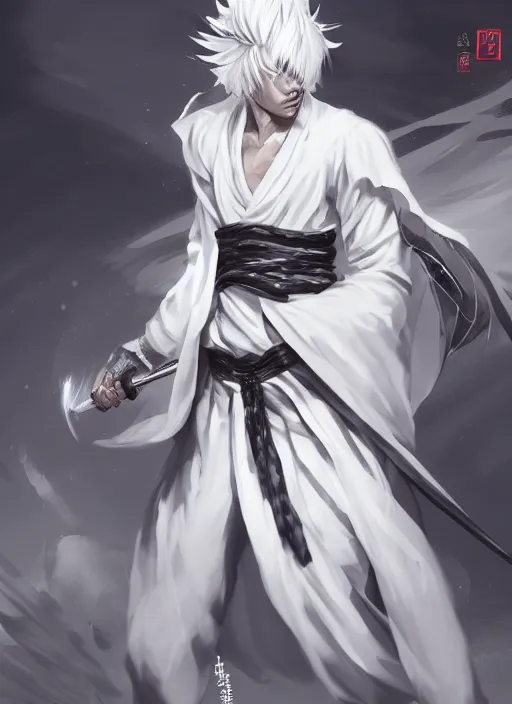 Image similar to a highly detailed illustration of fierce white haired attractive young japanese man wearing white hakama, black eyes, dramatic pose, muscular, intricate, elegant, highly detailed, centered, digital painting, artstation, concept art, smooth, sharp focus, league of legends concept art, wlop