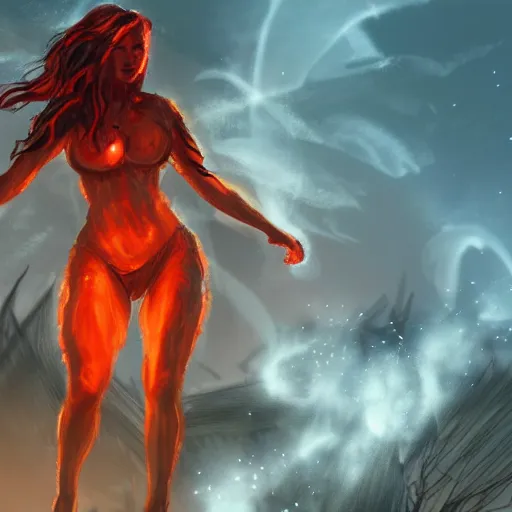 Image similar to Hot fire goddess, skin of flames, body made of fire, rampaging, stormy background, forest fire, breathing fire, fire in hand, concept art, tiny person watching, artstation, 4k