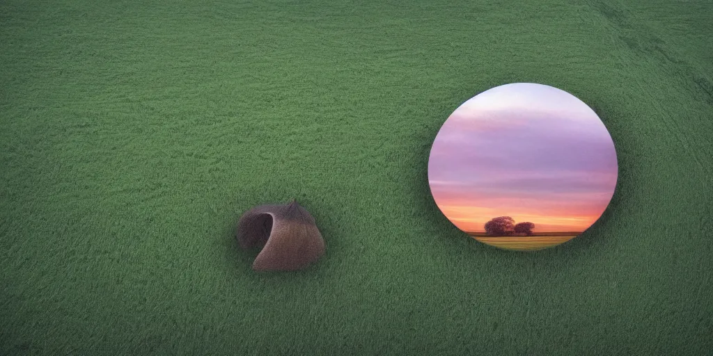 Prompt: a giant floating human ear above a field at dawn