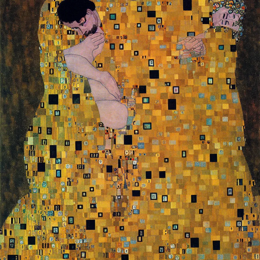 Prompt: a man with a stormy cloud in the place of his head. artwork by gustav klimt