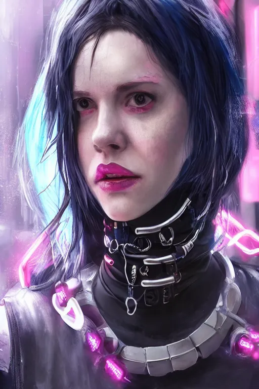 Image similar to detailed realistic cyberpunk female character cyberpunk wearing steel collar around neck, realistic, art, beautiful, 4K, collar, choker, collar around neck, punk, artstation, detailed, female, woman, choker, cyberpunk, neon, punk, collar, choker, collar around neck, thick collar, choker around neck, wearing choker, wearing collar, bright neon punk hair,