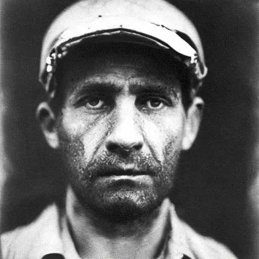 Image similar to close up portrait of a mine worker photo by Diane Arbus and Louis Daguerre