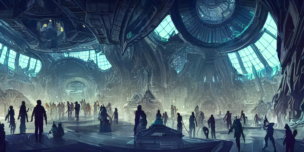 Prompt: cel shaded cinematic shot of the interior of a sci-fi space station with ornate Elven architecture bustling with people, epic castle, emerald, crystalline, detailed illustration, sharp focus, concept art