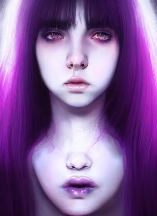 Image similar to hair whitebangs hair, black hair, blackbangswhitehair, portrait of teenage girl with white bangs, red irises, purple clothes, white bangs, bangs are different color from hair, intricate, elegant, glowing lights, highly detailed, digital painting, artstation, concept art, sharp focus, illustration, art by wlop, mars ravelo and greg rutkowski