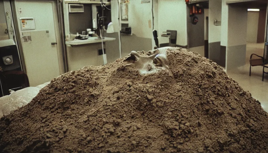 Image similar to 7 0 s movie still of a man made of dirt in the hospital, cinestill 8 0 0 t 3 5 mm eastmancolor, heavy grain, high quality, high detail