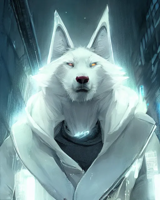 Prompt: a beautiful portrait of a handsome male anthropomorph white wolf wearing a hoodie in cyberpunk city. character design by cory loftis, fenghua zhong, ryohei hase, ismail inceoglu and ruan jia. artstation, volumetric light, detailed, photorealistic, rendered in octane