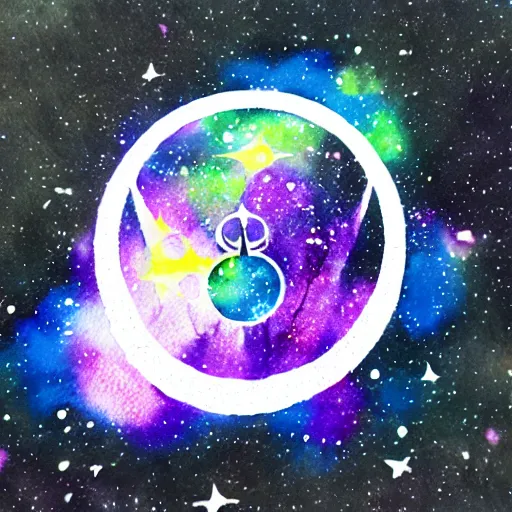 Image similar to a cosmic tomorrowland logo, watercolor and black ink