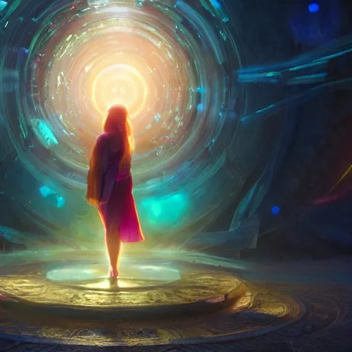 Prompt: person standing in front of a giant enchanted portal emitting beautiful particles, view from behind, vivid colors, cinematic lighting, award winning, unreal, 8 k, octane render, ultra detailed, art by artgerm and greg rutkowski and alphonse mucha, artstation, cgsociety, fenghua zhong, hyper realism