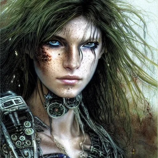 Image similar to an award finning closeup facial portrait by luis royo and john howe of a very beautiful and attractive female bohemian cyberpunk traveller aged 1 7 with green eyes and freckles in clothed in excessively fashionable cyberpunk gear and wearing ornate warpaint