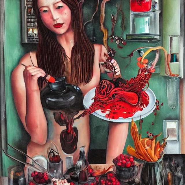 Prompt: dark kitchen of an art student, sensual portrait of a female transhuman holding a brain, japanese pottery, scales, tropical houseplants, test tubes, honey dripping from ceiling, berries dripping juice, pancakes, pomegranate, berries, octopus, scientific glassware, neo - expressionism, surrealism, acrylic and spray paint and oilstick on canvas