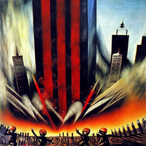 Image similar to 9 / 1 1 attack by otto dix, hyperrealistic, aesthetic, masterpiece