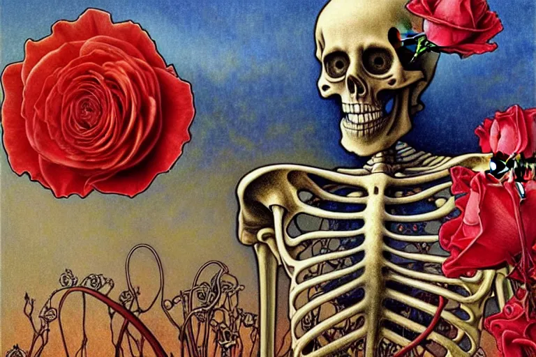 Image similar to realistic detailed portrait painting of a skeleton with a single rose in a dystopian desert by Jean Delville, Amano, Yves Tanguy, Alphonse Mucha, Ernst Haeckel, Edward Robert Hughes, Roger Dean, rich moody colours, blue eyes