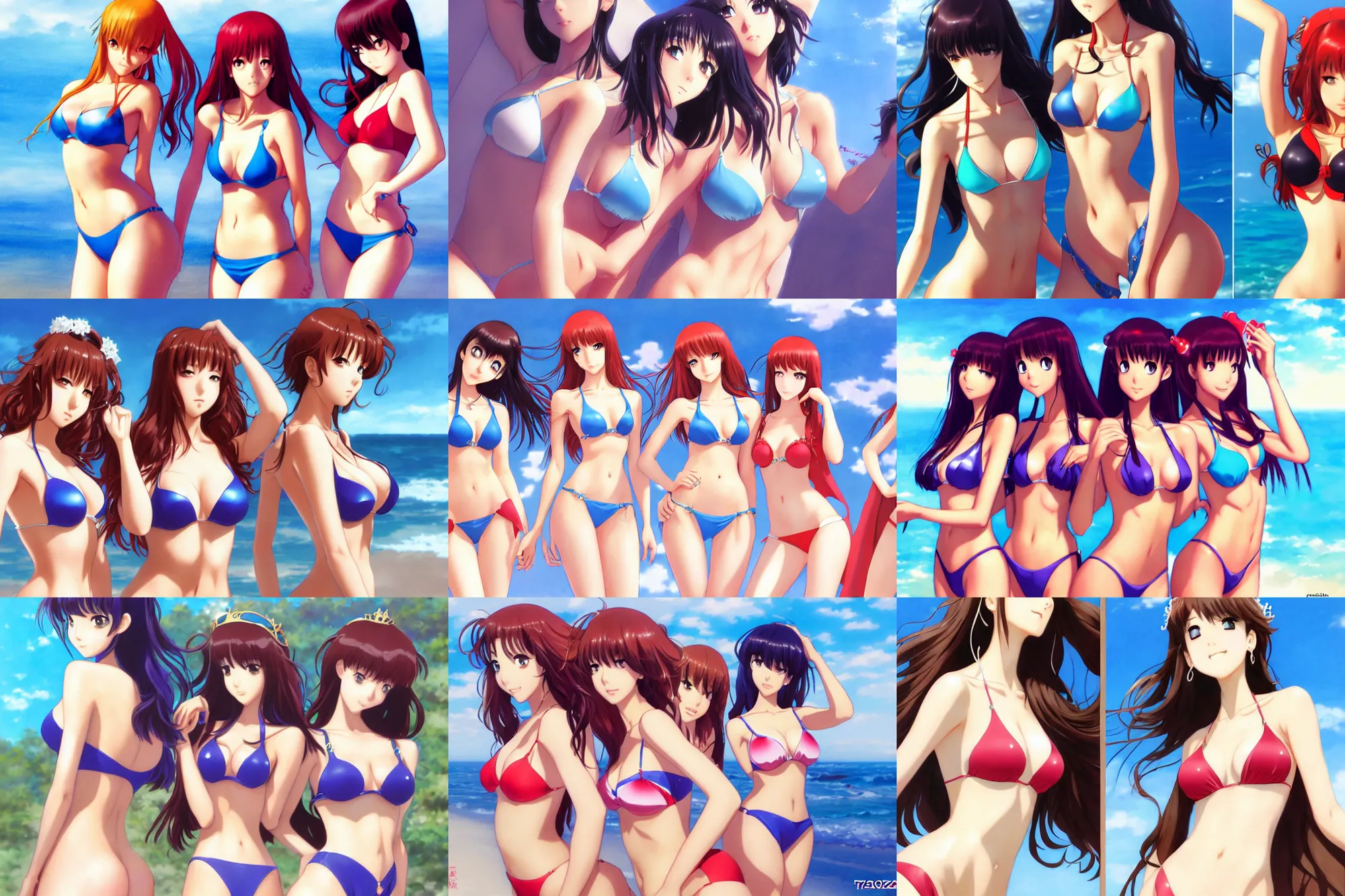 Prompt: close - up princesses posing together in bikini. by takashi takeuchi, yoshiyuki sadamoto, amagaitaro, makoto shinkai, krenz cushart, asao urata, pixiv