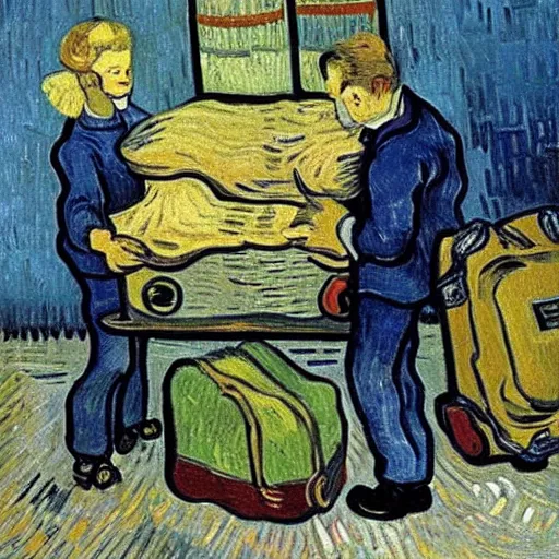 Image similar to person packing luggage for a trip, painting by Van Gogh