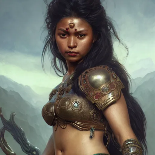 Image similar to painting of a muscular dark nepali female, bikini armour, big eyes, fat, ultra realistic, concept art, intricate details, eerie, highly detailed, photorealistic, octane render, 8 k, unreal engine. art by artgerm and greg rutkowski and alphonse mucha