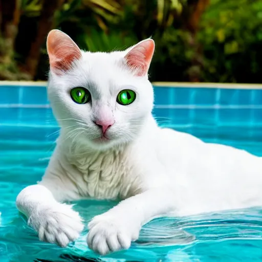 Image similar to white cat with blue eyes on a float in the pool