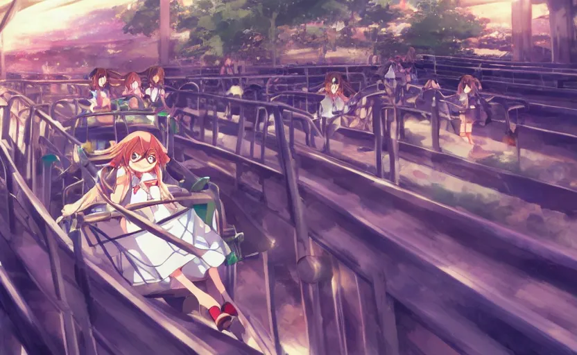 Prompt: An anime girl riding a roller coaster, screaming with excitement, anime scenery by Makoto Shinkai, digital art