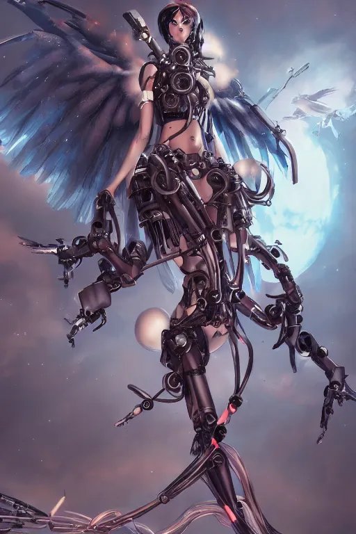 Image similar to Beautiful pale warhammer 40000 goth anime girl with mechanical wings and many wires, masterpiece 4k digital illustration by Artgerm, ghibli, Makoto Shinkai, highly detailed, trending on artstation, pixiv, award winning,