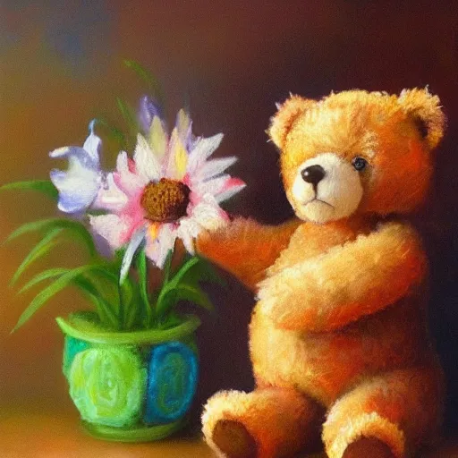 Prompt: teddy bear holding flower, fluffy, funny, oil painting, high details