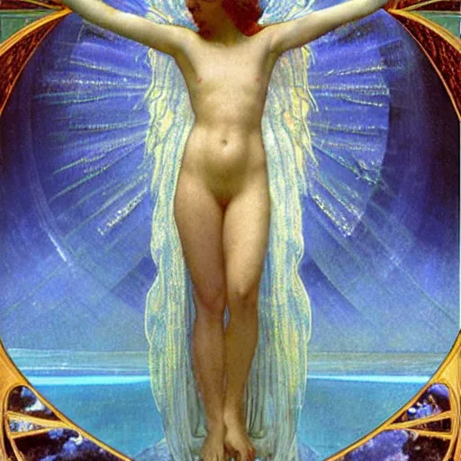 Image similar to The chalice of the angels, refracted sparkles, thunderstorm, greek pool, beach and Tropical vegetation on the background major arcana sky, by paul delaroche, alphonse mucha and arnold böcklin, hyperrealistic symmetrical 8k, award-winning, very very very detailed