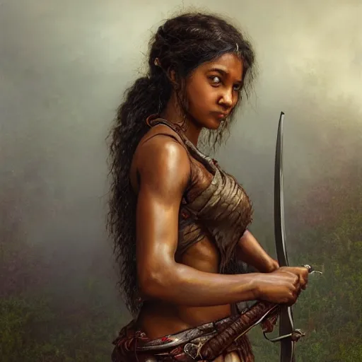 Image similar to artstation concept of a beautiful girl holding a sword in both hands, brown skin, sweaty skin, symmetrical face, casual white garment, brown canyon background, shiny colorful, hyperdetailed, artstation trending, world renowned artists, worth1000.com, historic artworks society, antique renewel, cgsociety, by greg rutkowski, by Gustave Dore, Deviantart