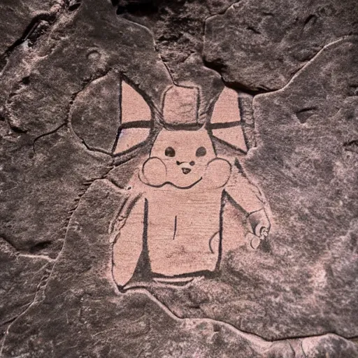 Prompt: human male in a cave drawing a petroglyph of a pikachu,