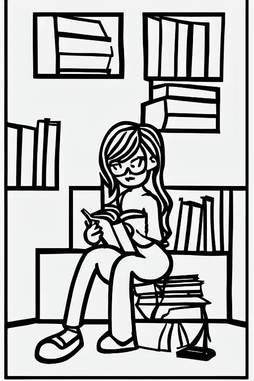 Prompt: simple outline illustration of a girl reading a book in the style of camilo huinca!!! agent pekka, darren shaddick, masha krasnova, sarah cliff, meredith schomburg