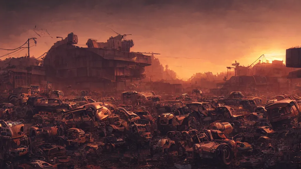 Image similar to a Photorealistic hyperrealistic render of a Robot Junkyard full of weathered and well worn down Robots by PIXAR,Greg Rutkowski,WLOP,Artgerm,dramatic moody sunset lighting,long shadows,Volumetric, cinematic atmosphere, Octane Render,Artstation,8k