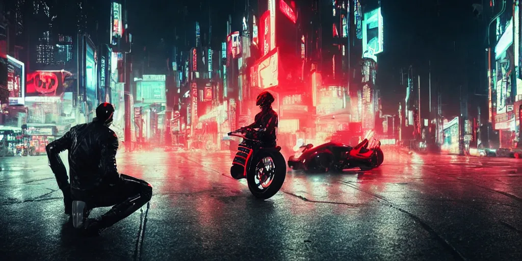 Image similar to man sitting on parked motorcycle. red black white leather jacket cyberpunk helmet. Black motorcycle orange emissive glowing wide angle shot long distance Bladerunner 2049 Wadim Kashin Wenjun Lin beautiful cyberpunk city night time