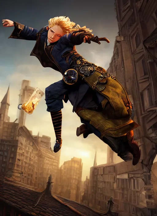 Image similar to An epic fantasy comic book style portrait painting of a young blonde boy thief flying out of a steampunk city, unreal 5, DAZ, hyperrealistic, octane render, cosplay, RPG portrait, dynamic lighting