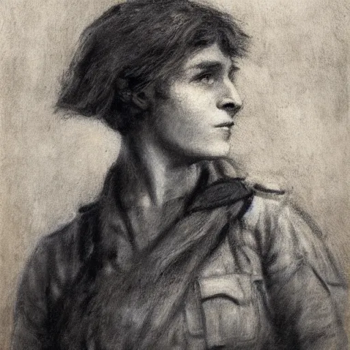 Prompt: ww 1 action heroine by alfred stevens in charcoal