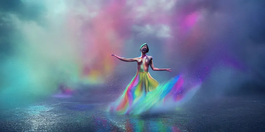 Image similar to a dancing godess enrobed in water mist rainbow in a puddle splattering water, mist, vapour, iridiscent, rainbow, microsecond, 1 / 8 0 0 0 8 k, octane render, unreal engine, ue 5, photoshop, maya, ray tracing