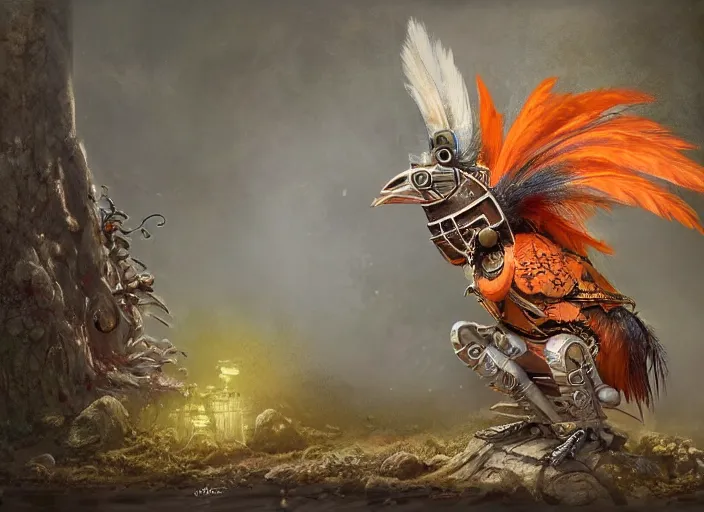 Image similar to ashigaru steampunk - inspired feathered mic, colorful plumage, lacquered armor, cute but determined, hard focus, art station, by jessica rossier and brian froud, cinematic fantasy painting, orange grey white, in a woodland glade