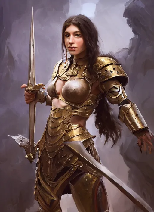 Image similar to a professional painting of an attractive young girl, partially clothed in battle armor, olive skin, long dark hair, beautiful bone structure, perfectly proportioned, nubile body, symmetrical facial features, intricate, elegant, heroic pose, digital painting, concept art, smooth, sharp focus, finely detailed, from Warhammer, by Ruan Jia and Mandy Jurgens and Artgerm and William-Adolphe Bouguerea