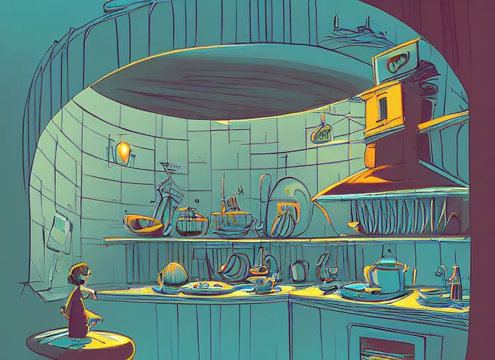Image similar to multilevel curved perspective digital art of a dim lit kitchen (from Tim Burtons Nightmare Before Christmas) by Christopher Balaskas