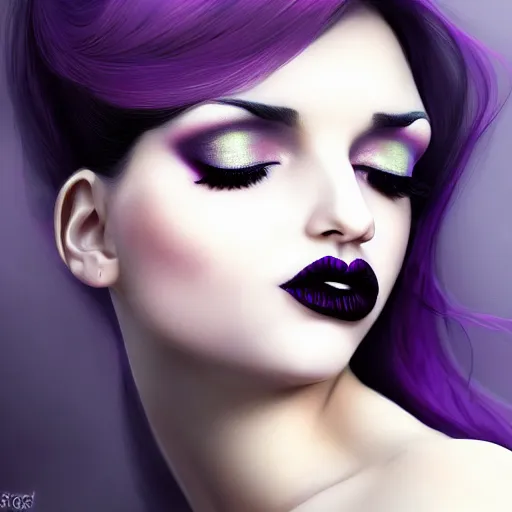 Prompt: dreamlike portrait of a curvy feminine hot goth woman, fully clothed, classy, elaborate, elegant, sophisticated, shiny black lipstick, purple makeup, realistic beautiful big eyes, dark eyeshadow, cgsociety, realistic, highly detailed, sublime, 16k, smooth, sharp focus, trending on ArtStation, hyperdetailed, volumetric lighting