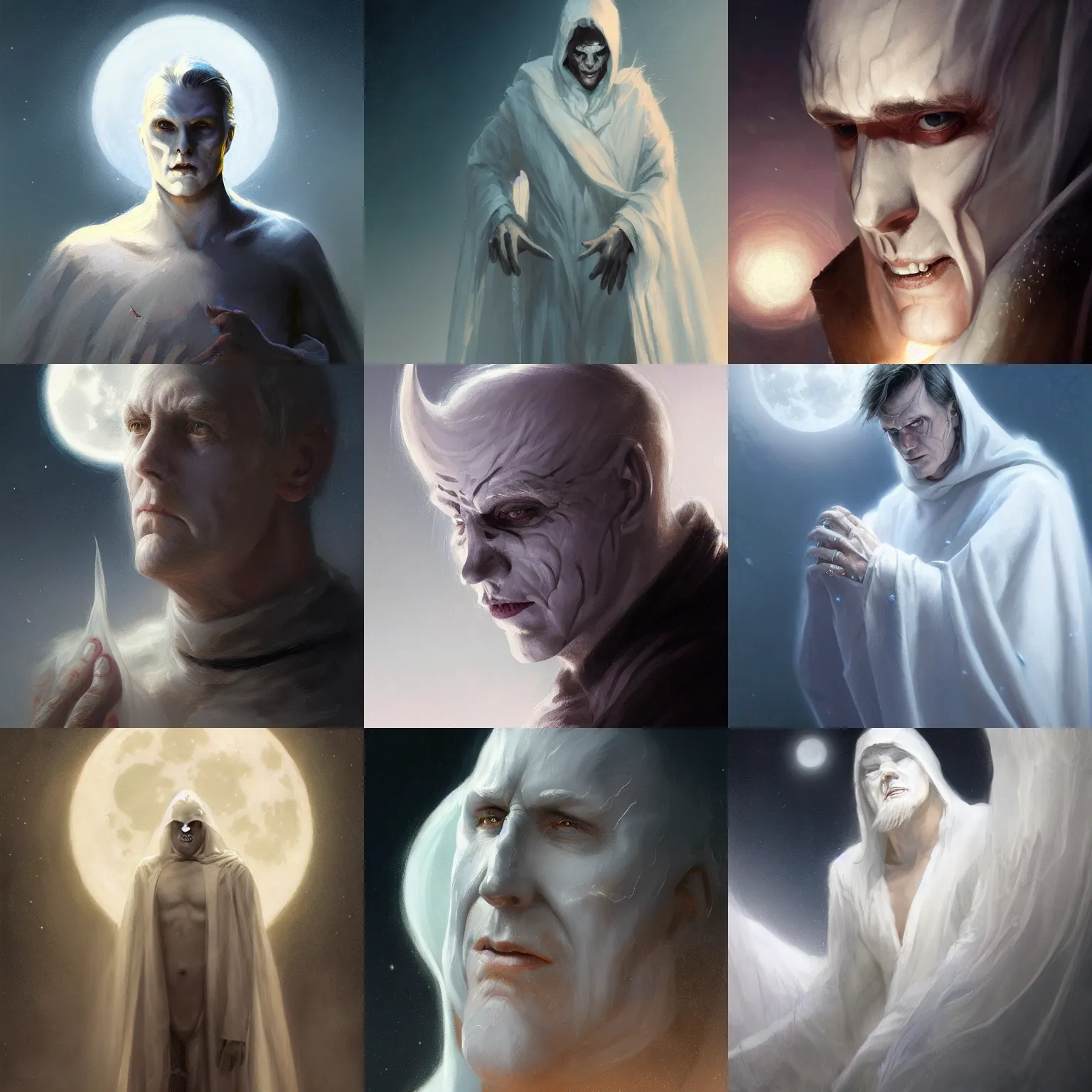 Prompt: close detail portrait bruce wills as white ghost, mystical, elegant, in cufs and handles, digital fantasy art, hands straight down, float, under moon light at night, at late evening by greg rutkowski and thomas kinkade, Trending on artstation