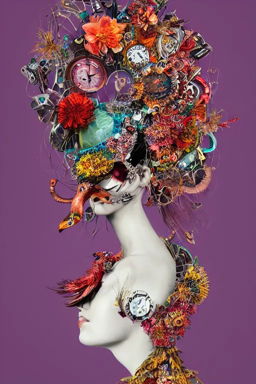 Prompt: woman with a strange headpiece, alexander mcqueen flamingo baroque, panfuturism, made of clocks, made of flowers, made of long feathers, hybrid, extravagant, retro futuristic, bold natural colors, masterpiece, trending on artstation, photography