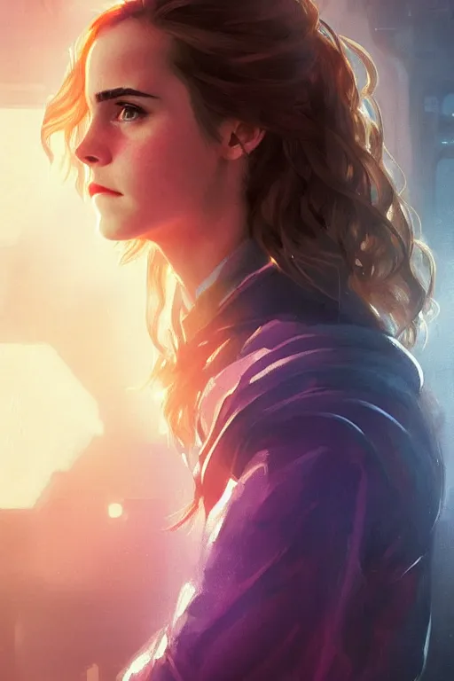 Prompt: portrait of cyborg Emma Watson as Hermione Granger in cyberpunk, neon lighting, night city, digital art from artstation by Ruan Jia and Mandy Jurgens and Artgerm and william-adolphe bouguereau and Greg Rutkowski and Wayne Barlowe