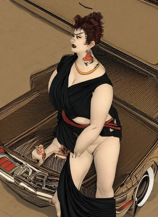 Image similar to fat woman posing near a ford taurus lx 1 9 8 6, intertwined, gothic, rich deep colrs, drawn by by kim jung gi, takato yamamoto. masterpiece. rendered in blender, smooth shadows, ultra detail, high resolution, cinematic unreal 6, 8 k