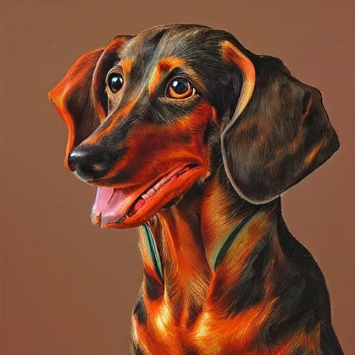 Image similar to Highly detailed portrait of a fire elemental dachshund, painted by Gerald Brom