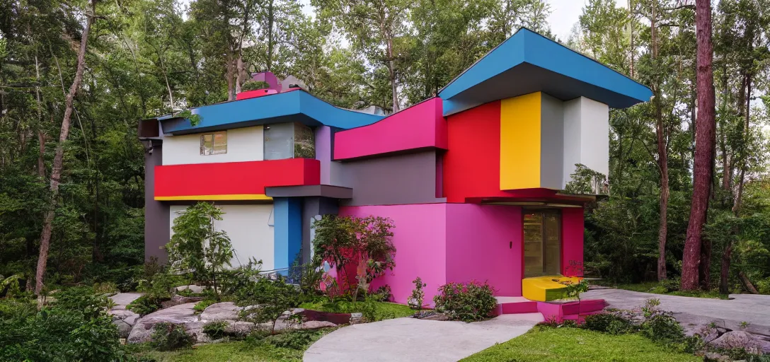 Prompt: modern house. multicolored. wes anderson. forest. 8 k.