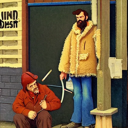 Prompt: 1 9 7 0 : a hirsute broad man in a { denim shearling jacket } smokes a { lit cigarette } outside a lonely bar in queens at 1 am, high quality high detail art by angus mcbride & n. c. wyeth, hd, realistic, photorealistic lighting, composition inspired by gregory crewdson.