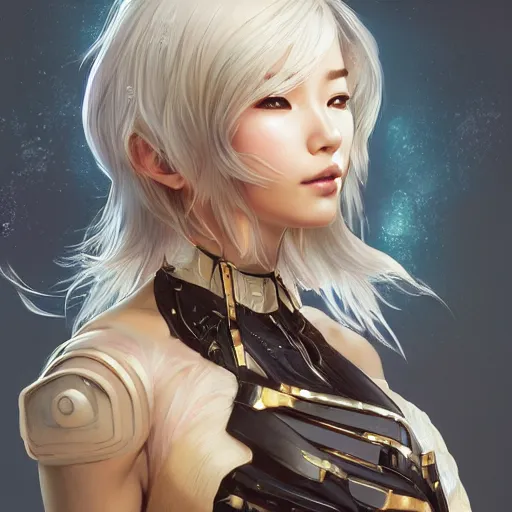 Prompt: ultra realistic illustration of android song hye - kyo, warframe, intricate, nier automata, sunset, golden hair, elegant, highly detailed, digital painting, artstation, concept art, smooth, sharp focus, illustration, art by artgerm and akihiko yoshida and alphonse mucha