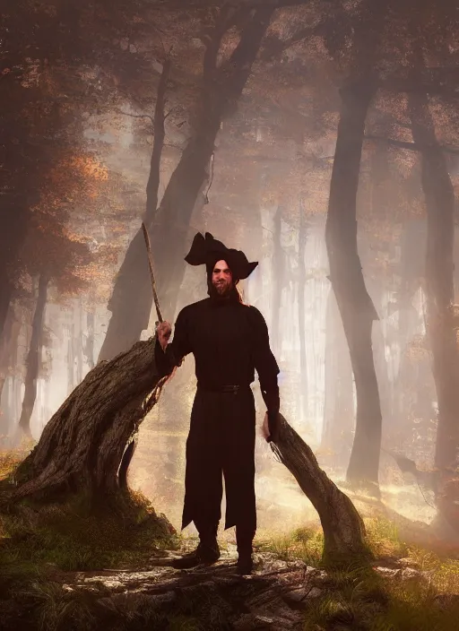 Prompt: A fantasy comic book style portrait painting of Christian Bale as a mage in a stunning forest landscape, unreal 5, DAZ, hyperrealistic, octane render, RPG portrait, dynamic lighting