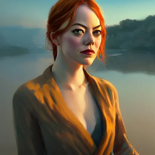 Image similar to a closeup portrait of a emma stone, dramatic light, lake background, sunset, dark, painted by stanley lau, painted by greg rutkowski, painted by stanley artgerm, digital art, trending on artstation