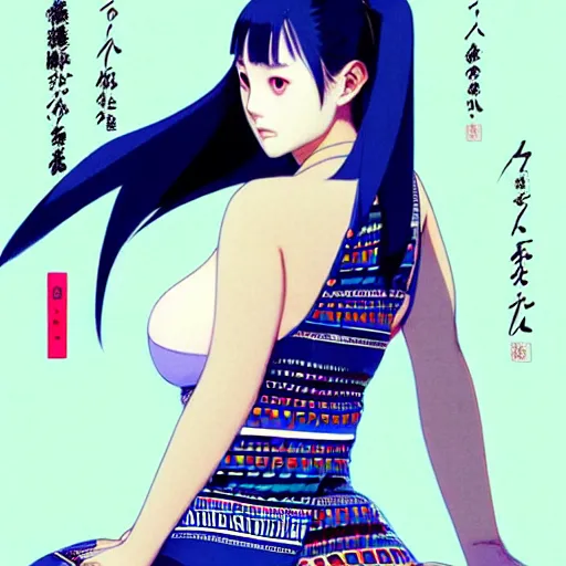 Image similar to a beautiful plus sized model japanese natalie portman, alluring plus sized model, wearing mayan leotard with overalls, street fashion hip hop style with mayan patterns, aztec street fashion, gapmoe yandere grimdark, trending on pixiv fanbox, painted by greg rutkowski makoto shinkai takashi takeuchi studio ghibli, akihiko yoshida