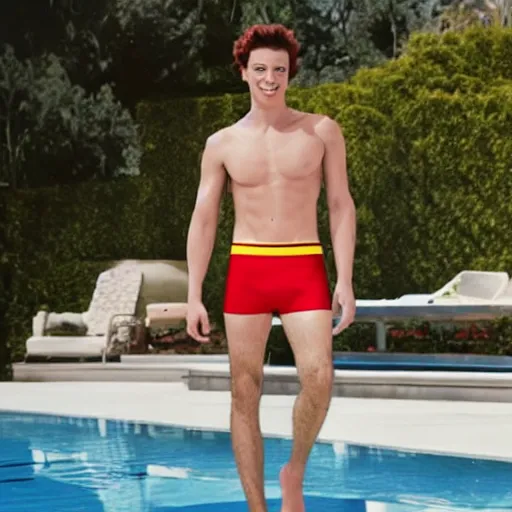 Prompt: ronald mcdonald models in swim trunks ; calvin klein ad