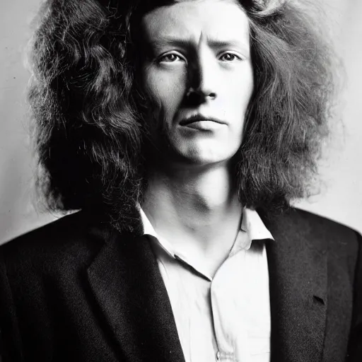Prompt: full-face portrait of a typical person with waist-length incredible hair by Richard Avedon, closed eyes, male wearing a crown, aquiline nose, nd4, 85mm, perfect location lighting